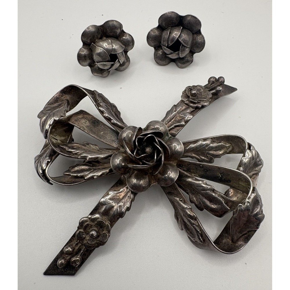 HOBE Brooch Earrings 14k Posts Sterling Silver 925 Flower Bow